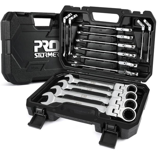 14-Piece Metric Flex-Head Ratcheting Wrench Set 6-19Mm Combination Wrench Kit with Storage Case 72 Tooth Cr-V Steel Constructed