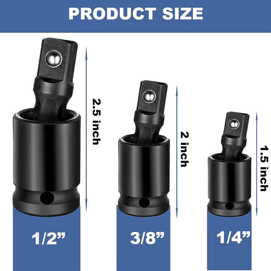 3 Piece Universal Joint-Socket, Impact Swivel Socket Set, 1/4-Inch, 3/8-Inch, 1/2-Inch Drive Set