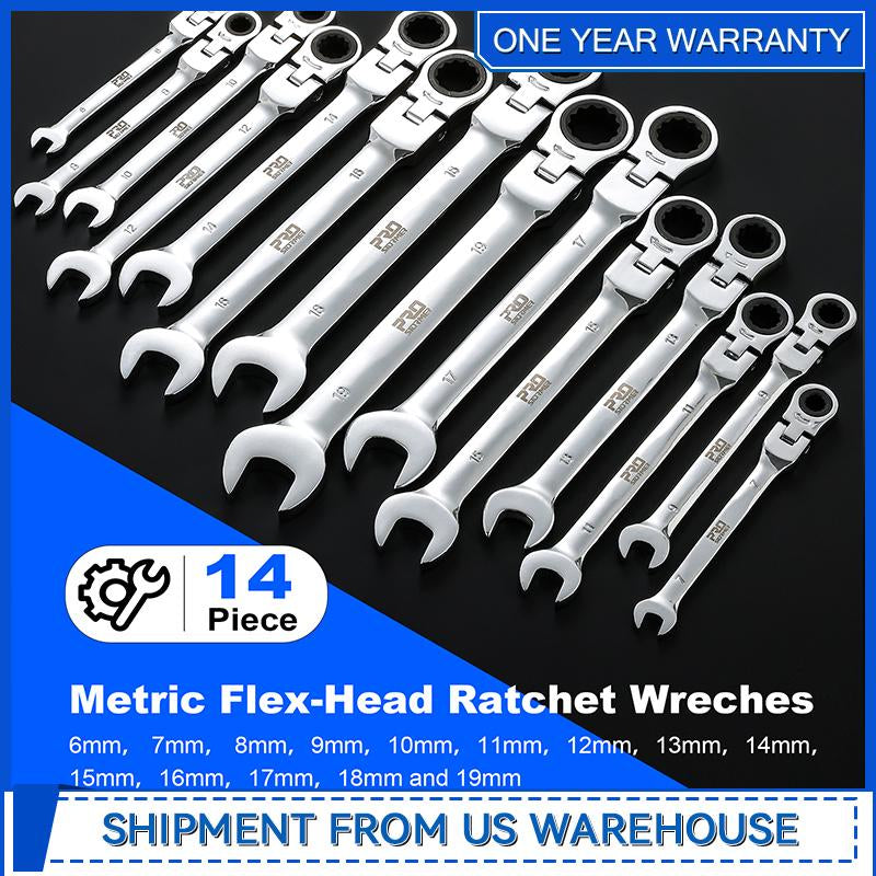 14-Piece Metric Flex-Head Ratcheting Wrench Set 6-19Mm Combination Wrench Kit with Storage Case 72 Tooth Cr-V Steel Constructed